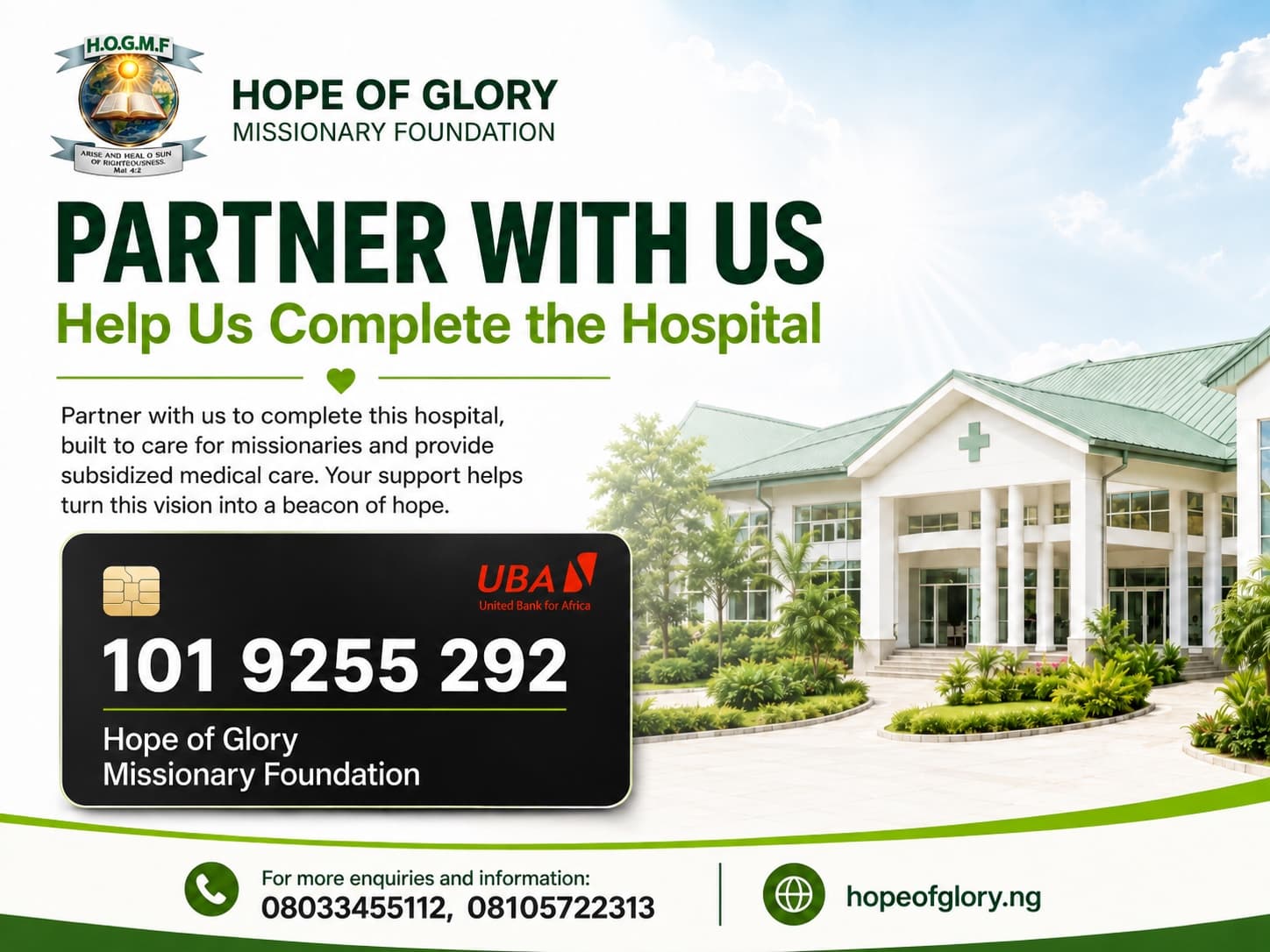 Hospital completion partnership appeal from Hope of Glory Missionary Foundation