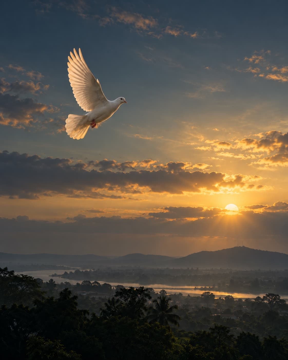 A dove flying above a sunrise